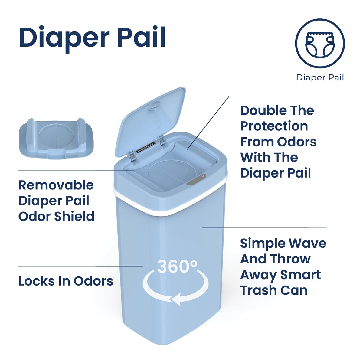Ninestars NPT-16-1BL Automatic Touchless Motion Sensor Diaper Disposal Trash Can with lid, 4.2 gallon/16 L, Baby Blue Plastic