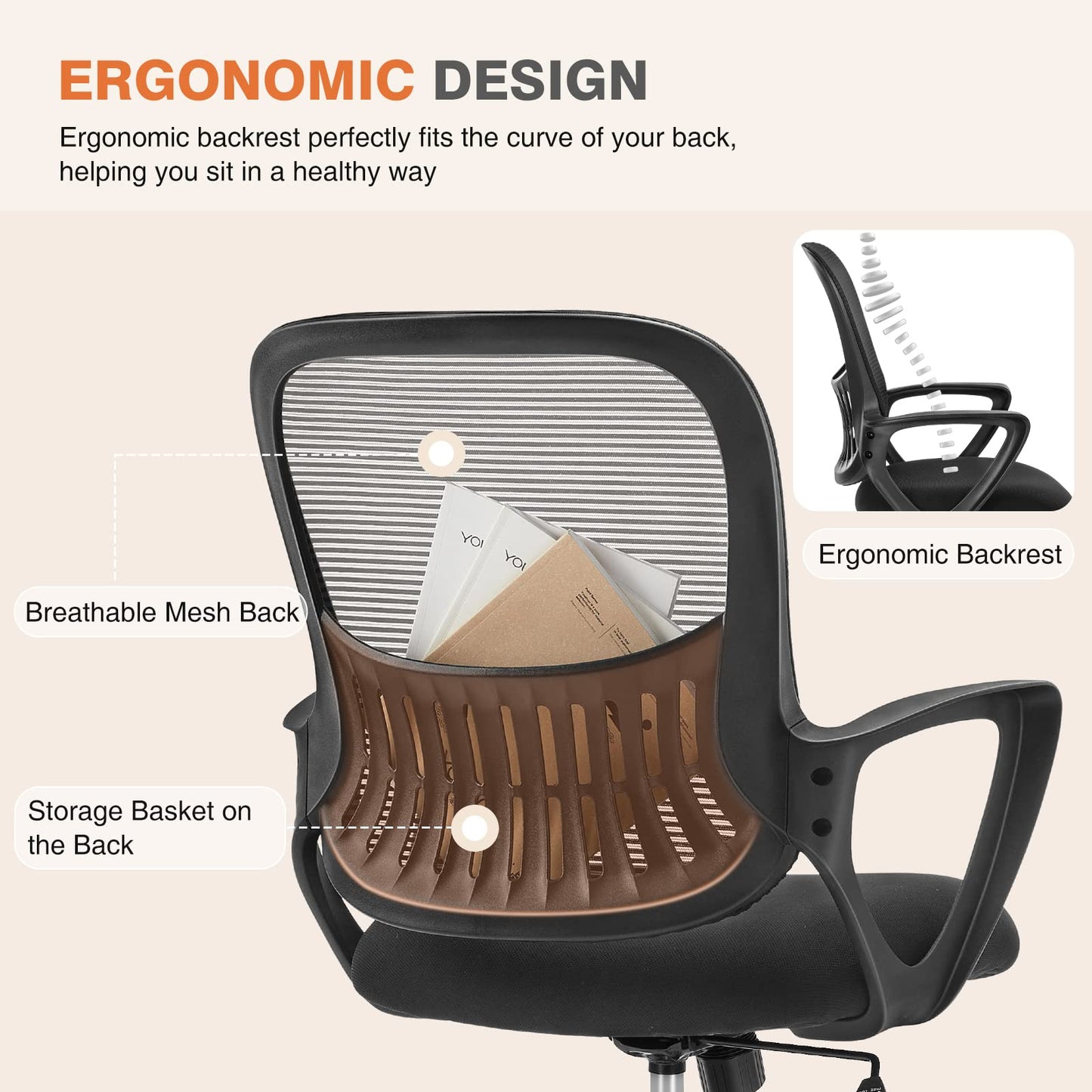Sweetcrispy Home Office Managerial Executive Chair with Ergonomic Design, Mid-Back Mesh Swivel, Comfortable Lumbar Support and Rotating Wheels for Bedroom, Study