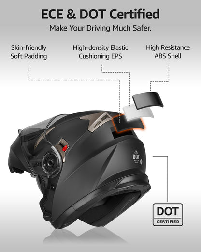 Motorcycle Modular Full Face Helmet DOT Approved - YEMA Helmet YM-925 Motorbike Casco Moto Moped Street Bike Racing Helmet with Sun Visor for Adult Youth Men and Women - Matte Black,S