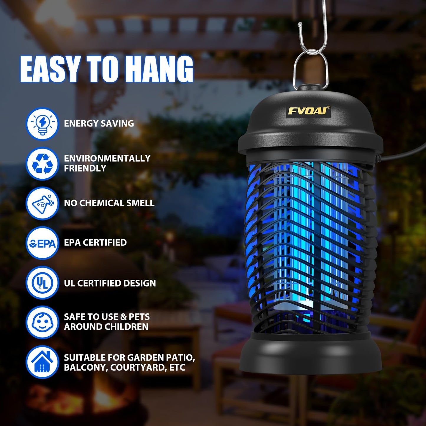 FVOAI Bug Zapper Outdoor, Mosquito Zapper, Fly Zapper, Insect Zapper Electric Fly Traps for 1/2 Acre, Indoor Outdoor Use with 3 Prong Plug-in,4200V, ABS Plastic Outer, Black
