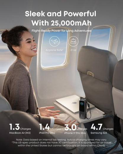 Anker Laptop Power Bank, 25,000mAh Portable Charger with Triple 100W USB-C Ports, Built-in Retractable Cables, Flight-Approved for Travel, iPhone 17/16 Series, MacBook, Samsung, and More