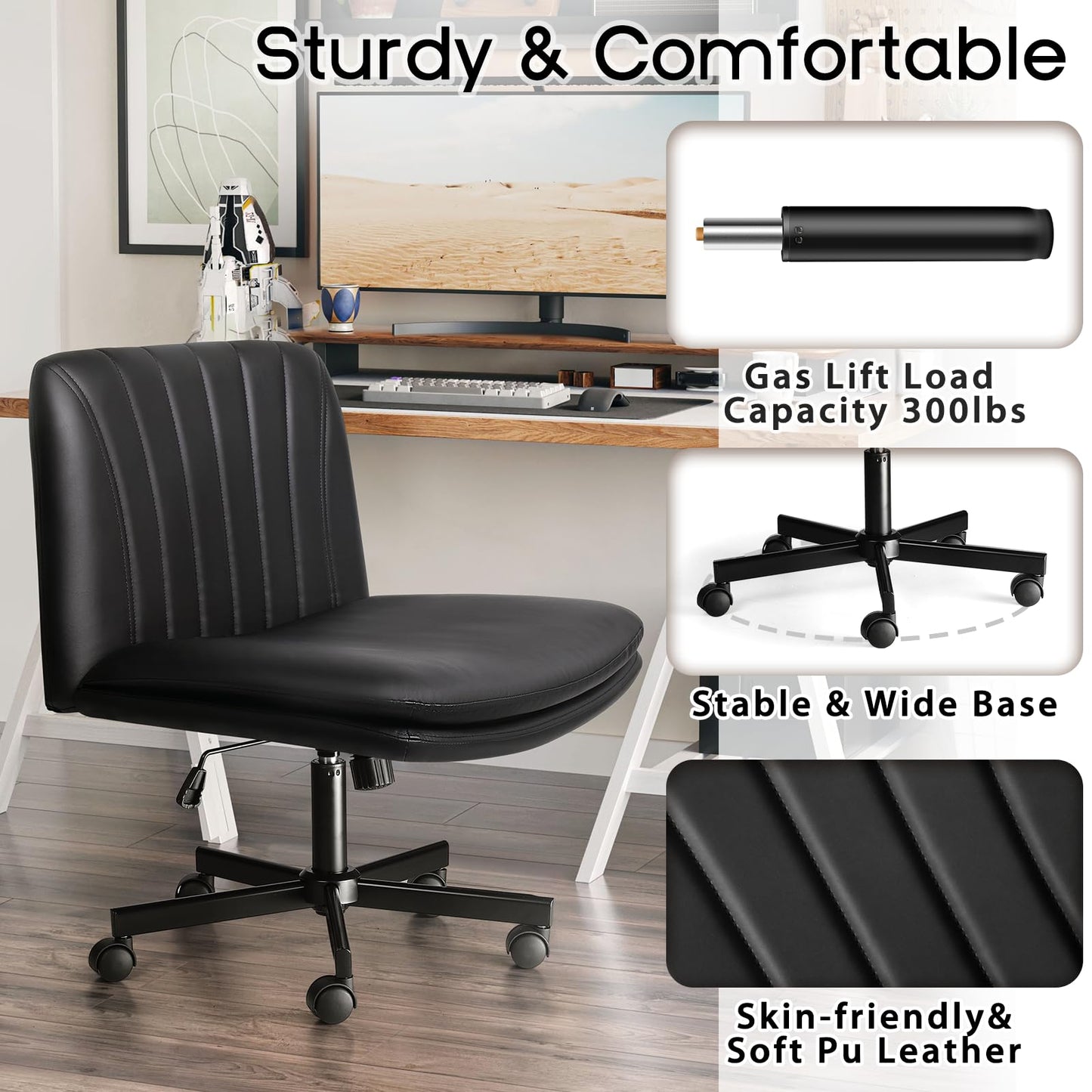 PUKAMI Criss Cross Chair with Wheels,PU Leather Armless Cross Legged Office Vanity Desk Chair for Home Office,Modern Swivel Height Adjustable Wide Seat(Black)
