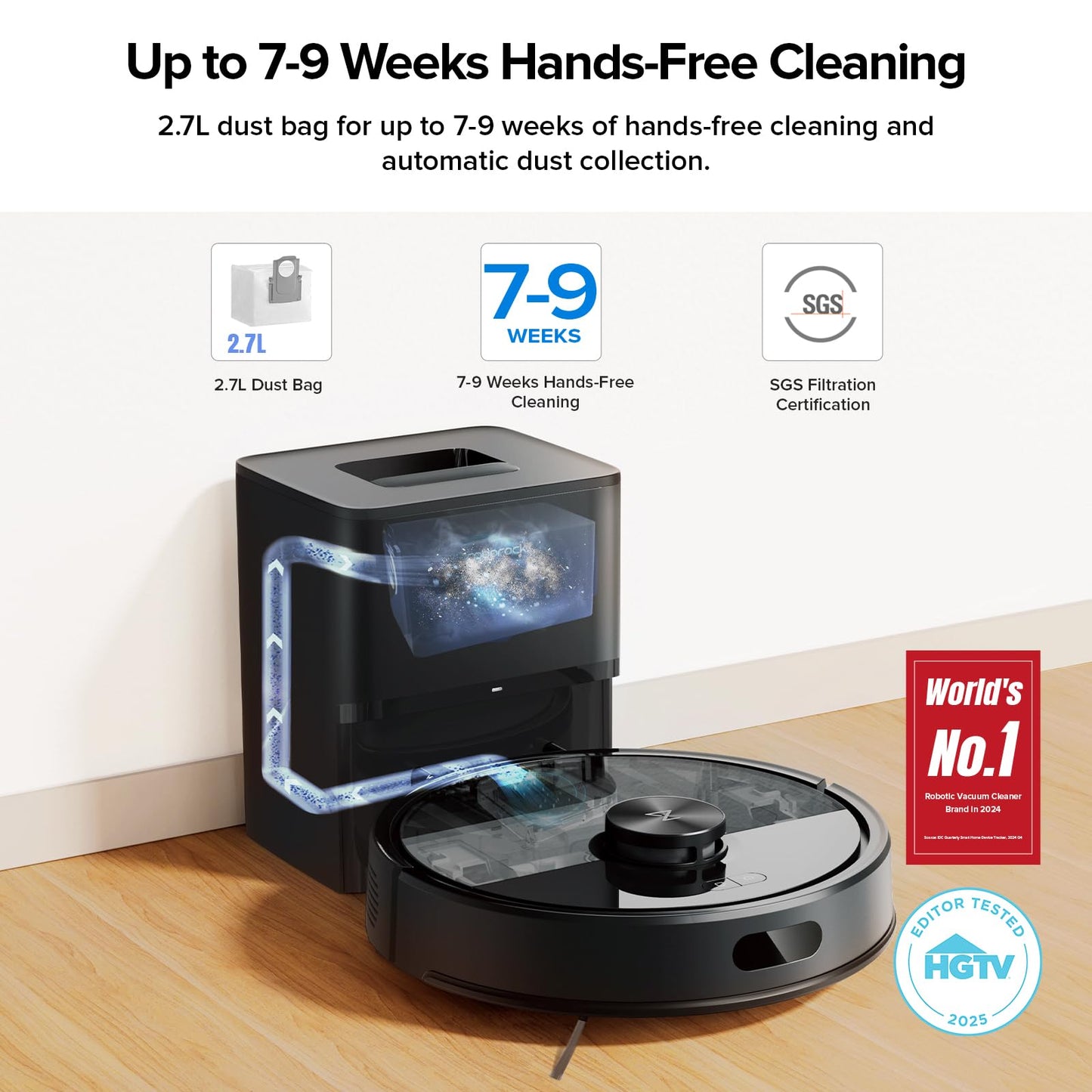 roborock Q7 M5+ Robot Vacuum and Mop, Upgraded from Q5 Max+, Up to 7-9 Weeks Self-Empty, 10000Pa Suction, Dual Anti-Tangle System for Pet Hair & Carpet, PreciSense LiDAR Navigation, App Control, Black