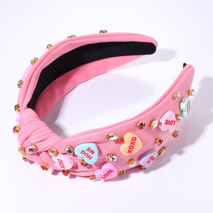 NVENF Valentine’s Day Headband for Women Love Heart Headband Jeweled Crystal Rhinestone Knotted Hairband Red Pink Wide Top Knot Hairband Valentine’s Day Hair Accessories Gifts (Letter 1 - Pink)