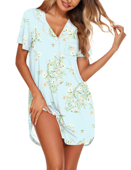 Ekouaer Nightgowns for Women Button Down Sleepshirt Short Sleeve Nightshirt Boyfriend Pajamas V Neck Nightdress Light Green Floral Medium