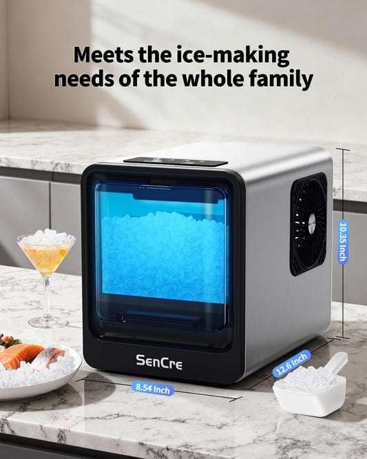 SenCre Nugget Ice Maker Countertop with Auto Water Refill, 42lbs/Day Stainless Steel Ice Machine with Pull-Out Drawer ＆ One-Click Self-Cleaning, Portable Ice Makers for Home/Kitchen/Office