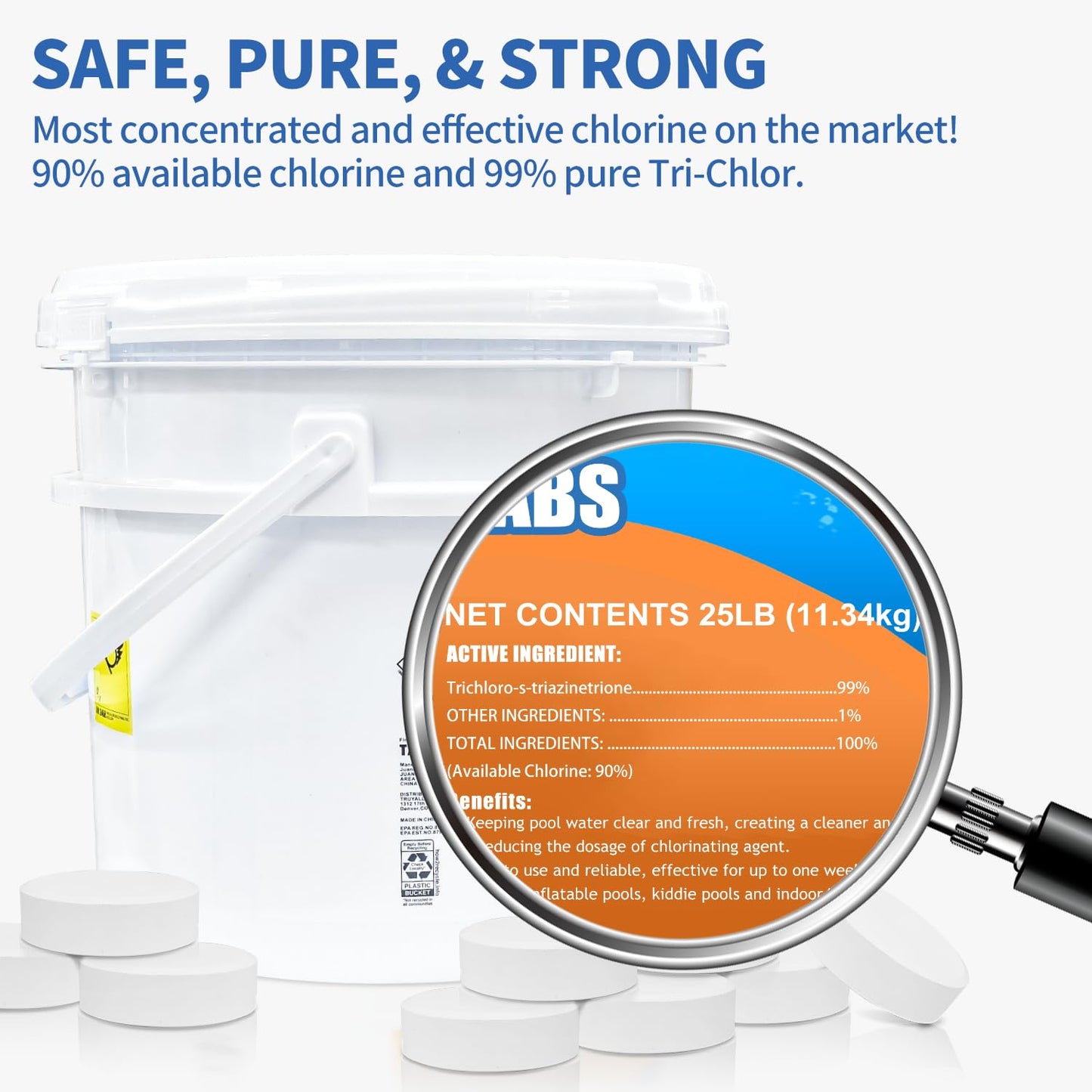 Chlorine Tablets 3 inch 25 Pounds, TABIT Swimming Pool Long Lasting Chlorinating Tablets, Slow Dissolving, Tri-Chlor for Swim Pool, Hot Tubs, Spa