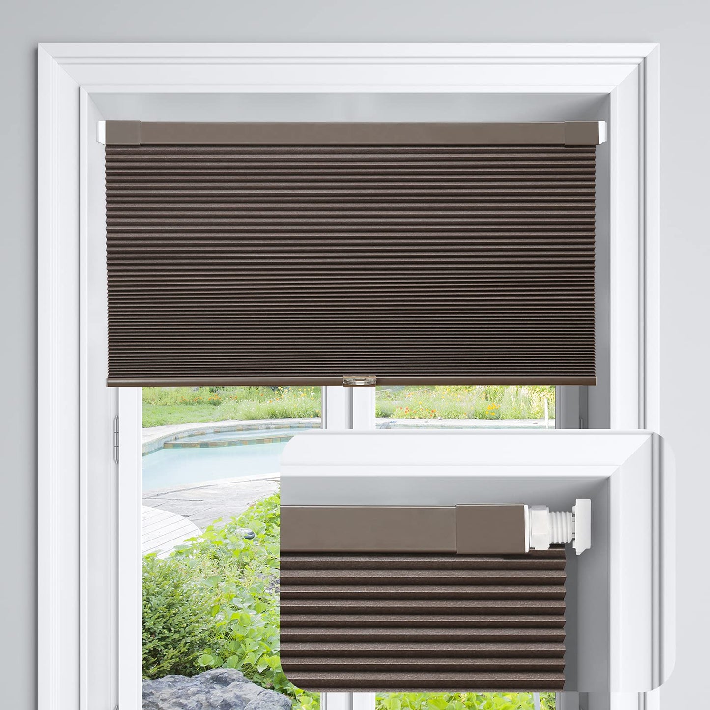 LazBlinds Cordless Cellular Shades, No Tools No Drill Blackout Honeycomb Shades Pleated Blinds for Windows, 37" W x 64" H, Dark Coffee