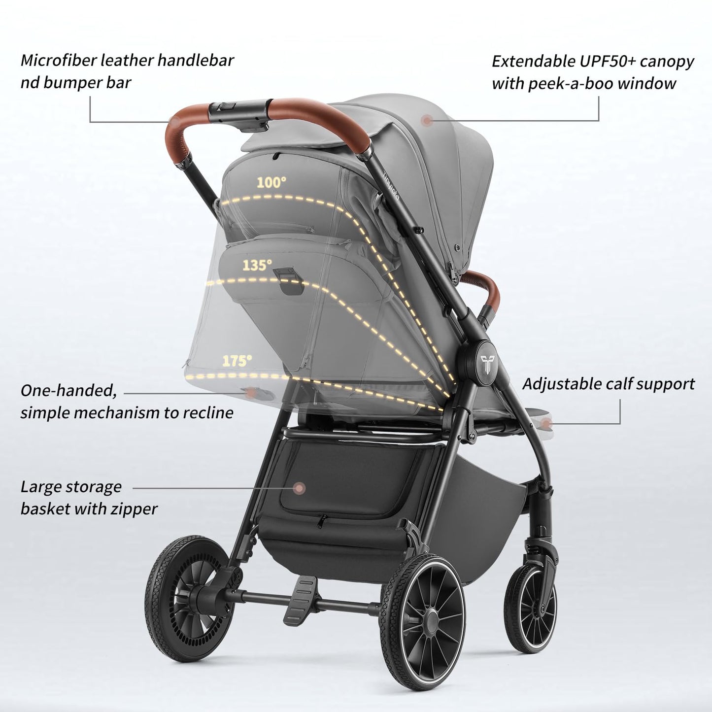 Tinyiota Baby Stroller, Infant Stroller with Large UPF 50+ Canopy,Luxury Pram Strollers with Leather Handle & Spacious Seat, One-Hand Foldable Pushchair, Toddler Carriage with Lie-Flat Mode(Gray)