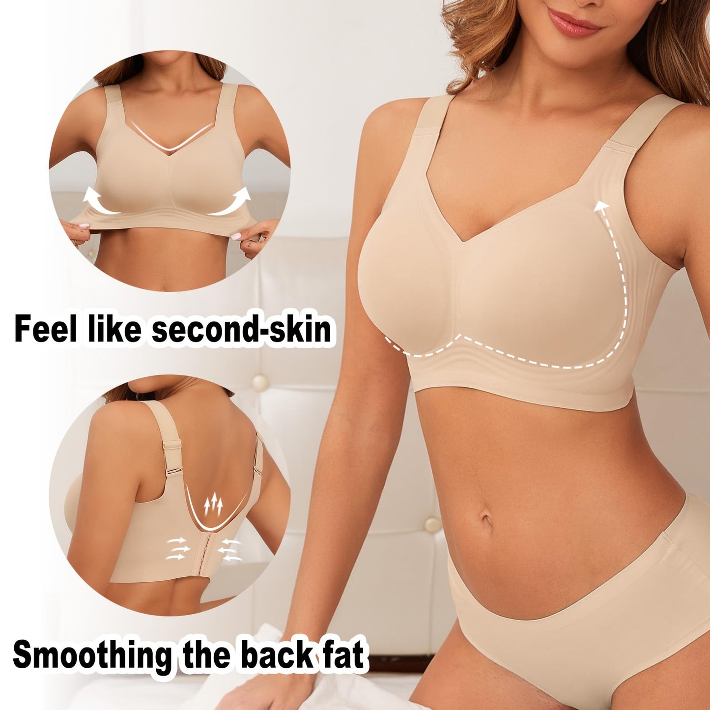 PoseFree Womens Bras No Underwire Full Support Back Fat Smoothing Bralette Wireless Push Up Plus Size Sports Bra (Nude,L)