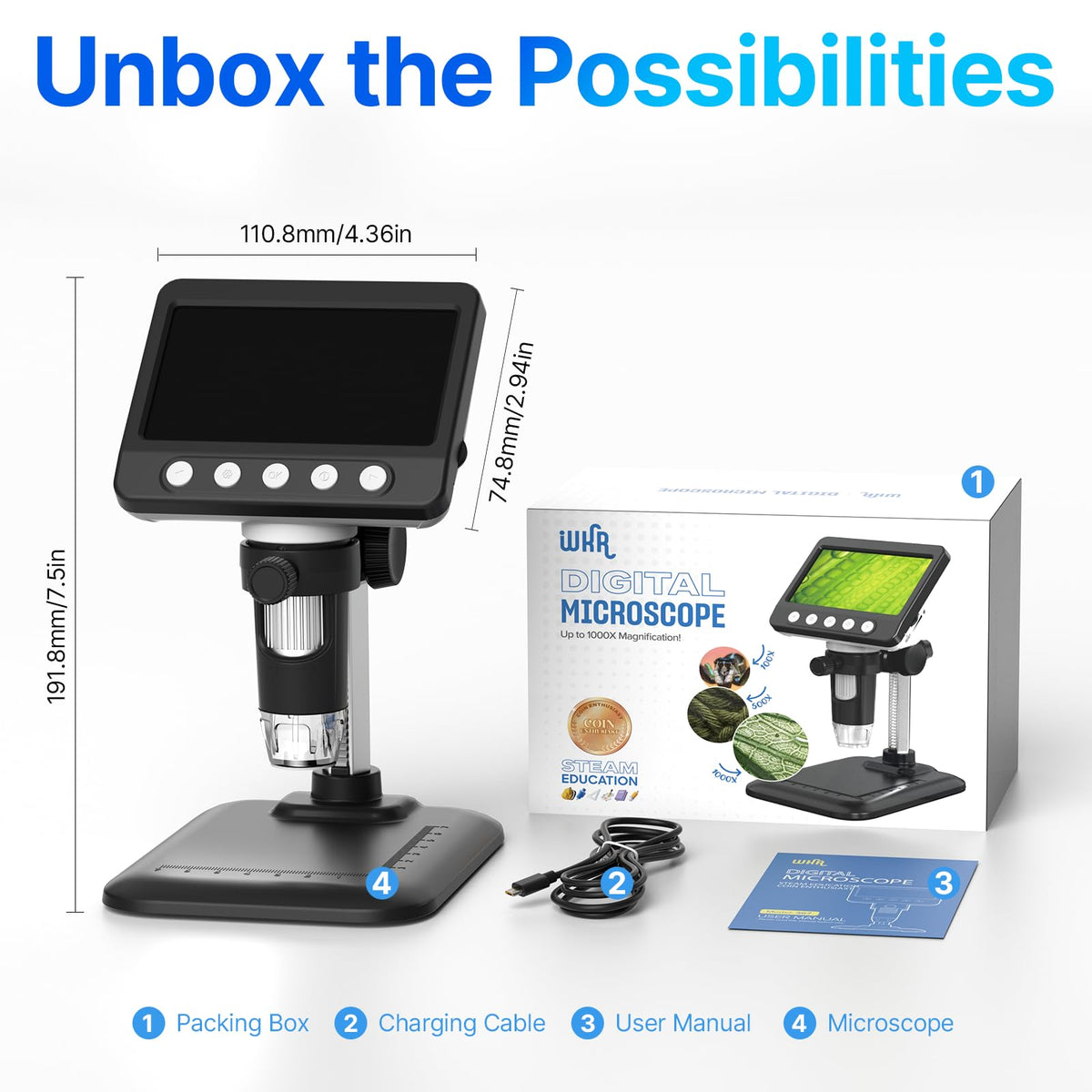 WKR Coin Microscope, 4.3" LCD USB Digital 1000X Coin Magnifier with 8 Adjustable LED Lights, 1080P PC View Compatible with Windows/MacBook for Adults Kids