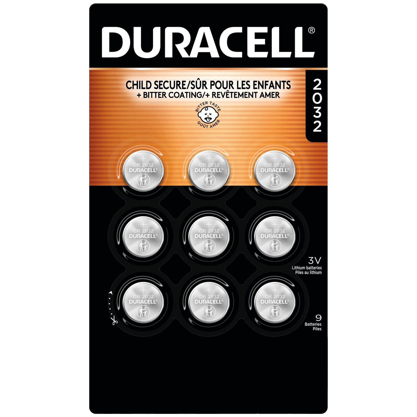Duracell 2032 Lithium Battery, 9 Count (Pack of 1), Compatible with AirTag, Child Safety Features, Key Fob, CR2032 3V Cell