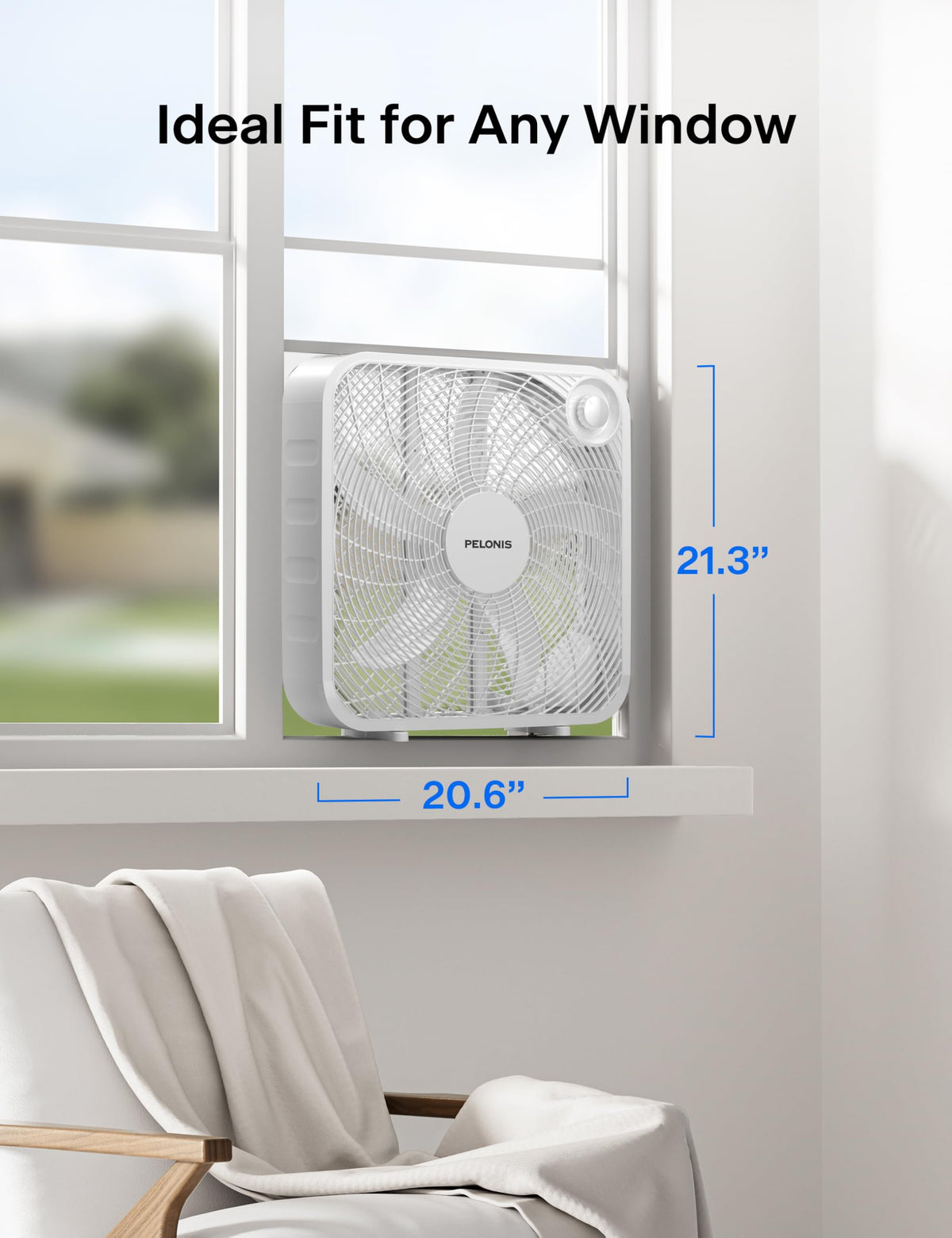 PELONIS 20 Inch Box Fan – 3 Speeds, Window Fans, Floor or Tabletop, 25ft/s, 2025 Upgraded, Superior Air Throw (2295 CFM), Lightweight, 5 Blades, Fans for Bedroom, Office, Living Room, Garage