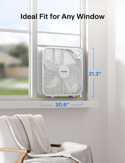 PELONIS 20 Inch Box Fan – 3 Speeds, Window Fans, Floor or Tabletop, 25ft/s, 2025 Upgraded, Superior Air Throw (2295 CFM), Lightweight, 5 Blades, Fans for Bedroom, Office, Living Room, Garage