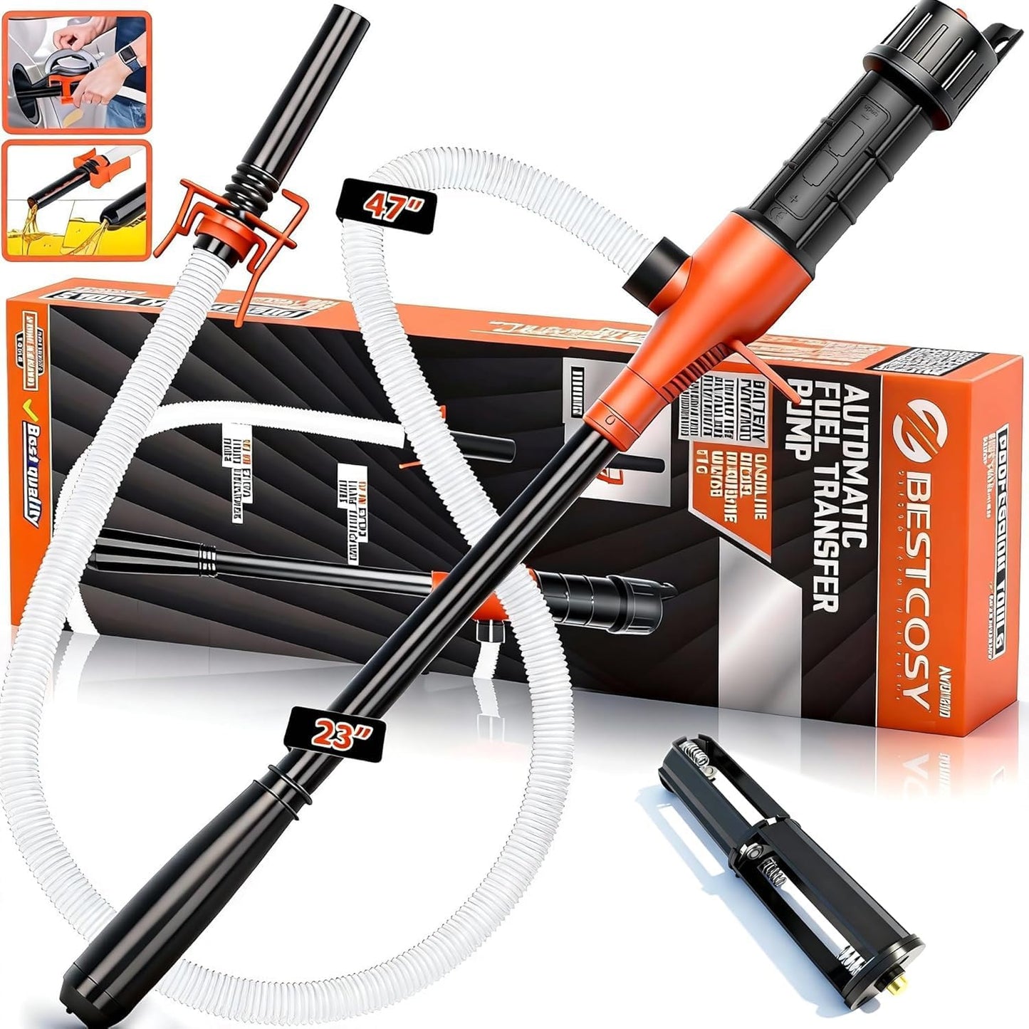 Portable Transfer Pump Battery Operated Electric Siphon Pump for Gas, Fuel, Diesel, Water Transfer 2.4 GPM Flow Oil Extractor, 47 Inches Hose-Easy to Use Hand Fuel Pump, Multi-Use Siphon Transfer Pump