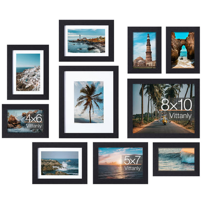 Vittanly 10 Pack Picture Frames Collage Wall Decor, Gallery Frame Set for Wall Mounting or Tabletop Display, Multi Sizes Including 2pcs 8x10, 4pcs 5x7, 4pcs 4x6, Black