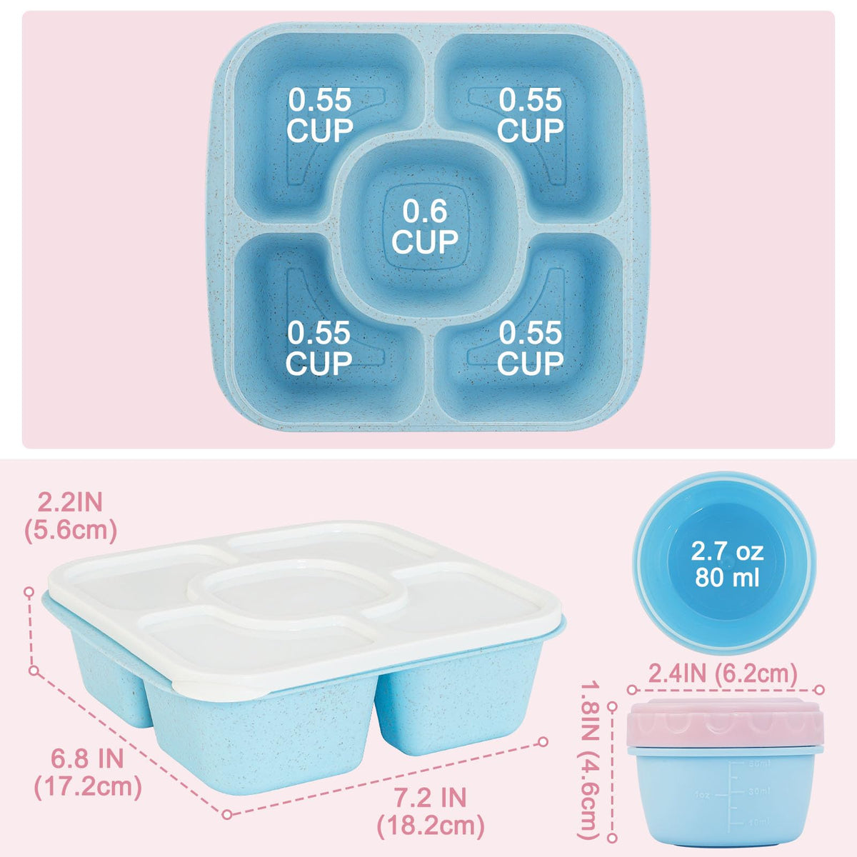Original Lunchable Snack Containers - 5 Compartments Bento Snack Boxes with 1 Leakproof Small Containers, Wheat Straw, BPA-Free, Set of 2 (Green+Yellow)