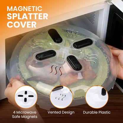 HOVER COVER Magnetic Splatter Cover, 12-Inch Clear BPA-Free Food Lid, Vented Plate Guard with Steam Vents, Anti-Splash Microwave Lid, Dishwasher Safe, Space-Saving Magnetic Storage - Onyx Black