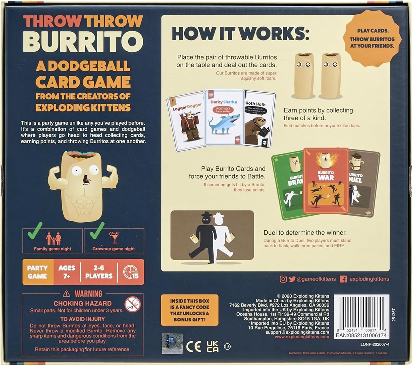 Exploding Kittens Throw Throw Burrito 2-6 Players - Ages 7+ - 15 Minutes to Play - Dodgeball Card Game - Party Game, Family Game Night, Kid and Adult Card Game