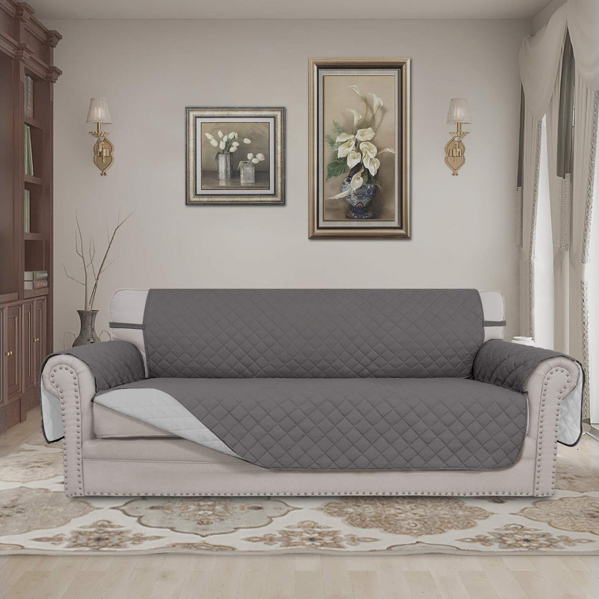 Easy-Going 4 Seater Sofa Slipcover Reversible Sofa Cover Water Resistant Couch Cover with Foam Sticks Elastic Straps Furniture Protector for Pets Children Dog Cat (XX-Large, Gray/LightGray)