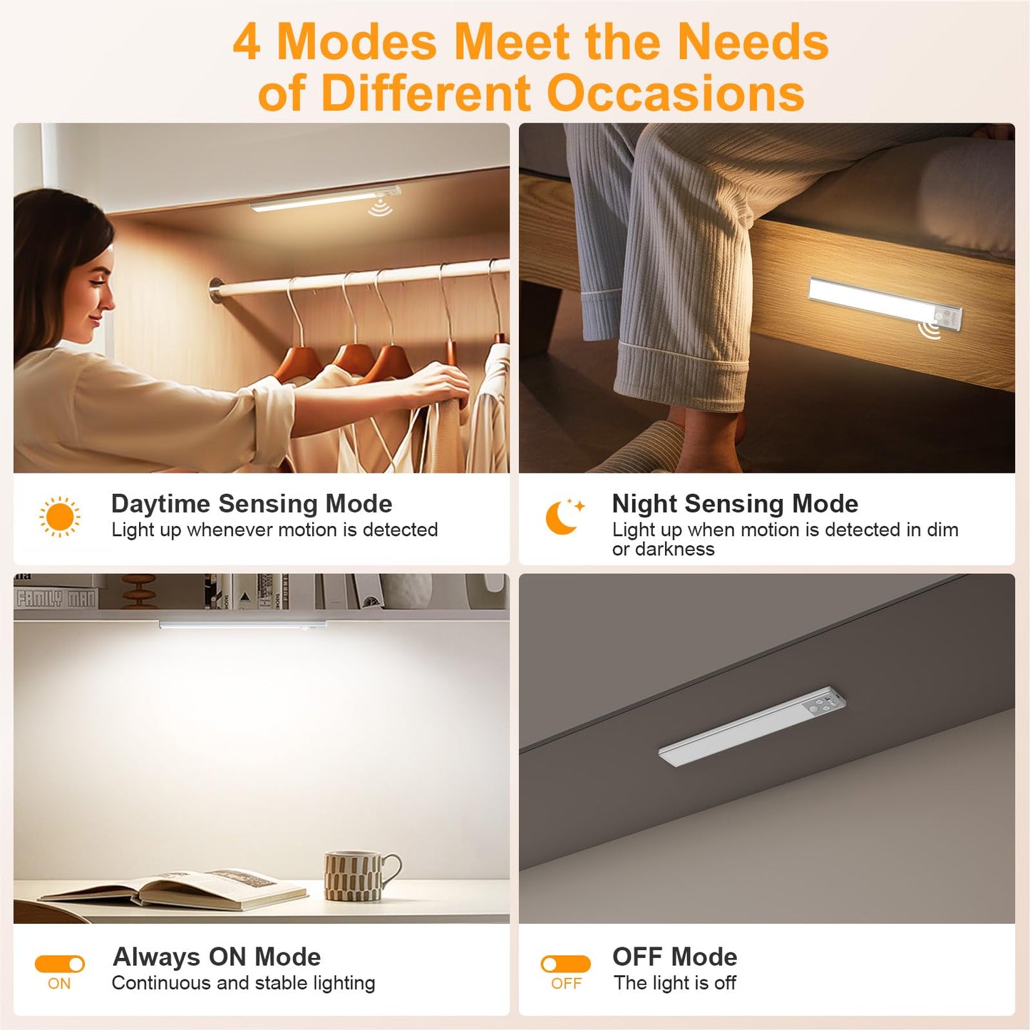 Gritin 10.2inch Under Cabinet Lighting Rechargeable -84 LED Super Bright,3-Color& 5 Level Brightness,4 Modes,Motion Sensor,Long Lasting- Easy Installation Magnetic Under Cabinet Closet Lights -2 Pack