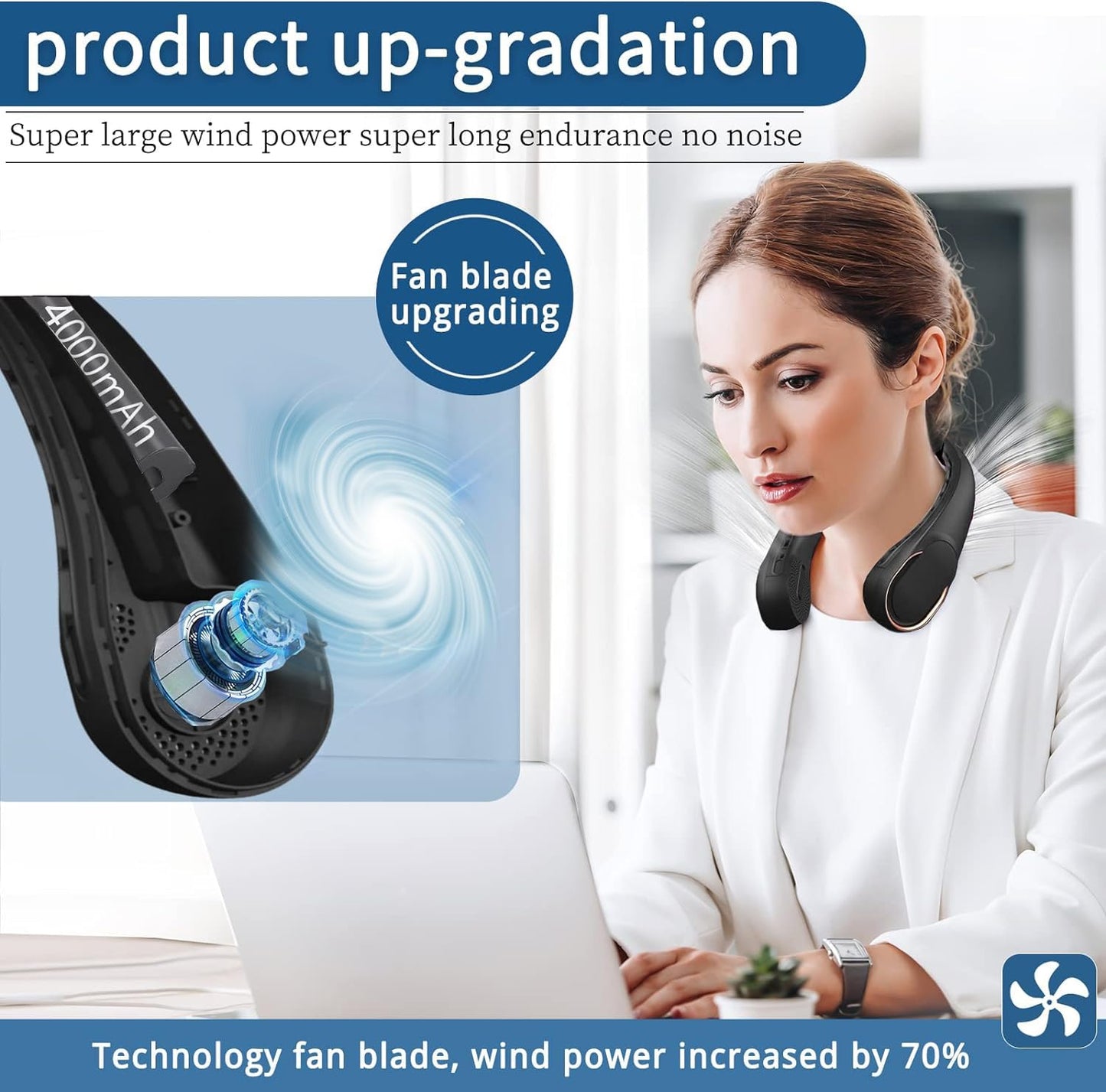 ASNUG Neck Fan, Bladeless Neck Fan, 4000 mAh Rechargeable Personal Fan, 360° Hands Free Wearable Fan, 3 Speeds Adjustable,Faster Cooling, Ultra Quiet, Suitable for Home, Office, Travel, Sports