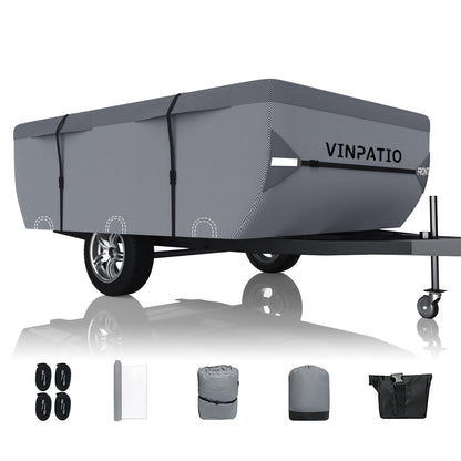 VINPATIO Pop Up Camper Cover, Folding Camper Tent Trailer Cover Fits 12'-14' Trailers, Waterproof & Anti-UV Pop-up Camper Cover with Windproof Straps