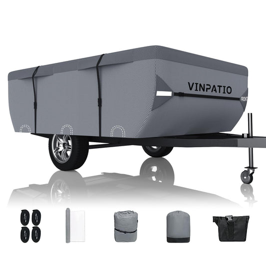 VINPATIO Pop Up Camper Cover, Folding Camper Tent Trailer Cover Fits 12&#39;-14&#39; Trailers, Waterproof &amp; Anti-UV Pop-up Camper Cover with Windproof Straps