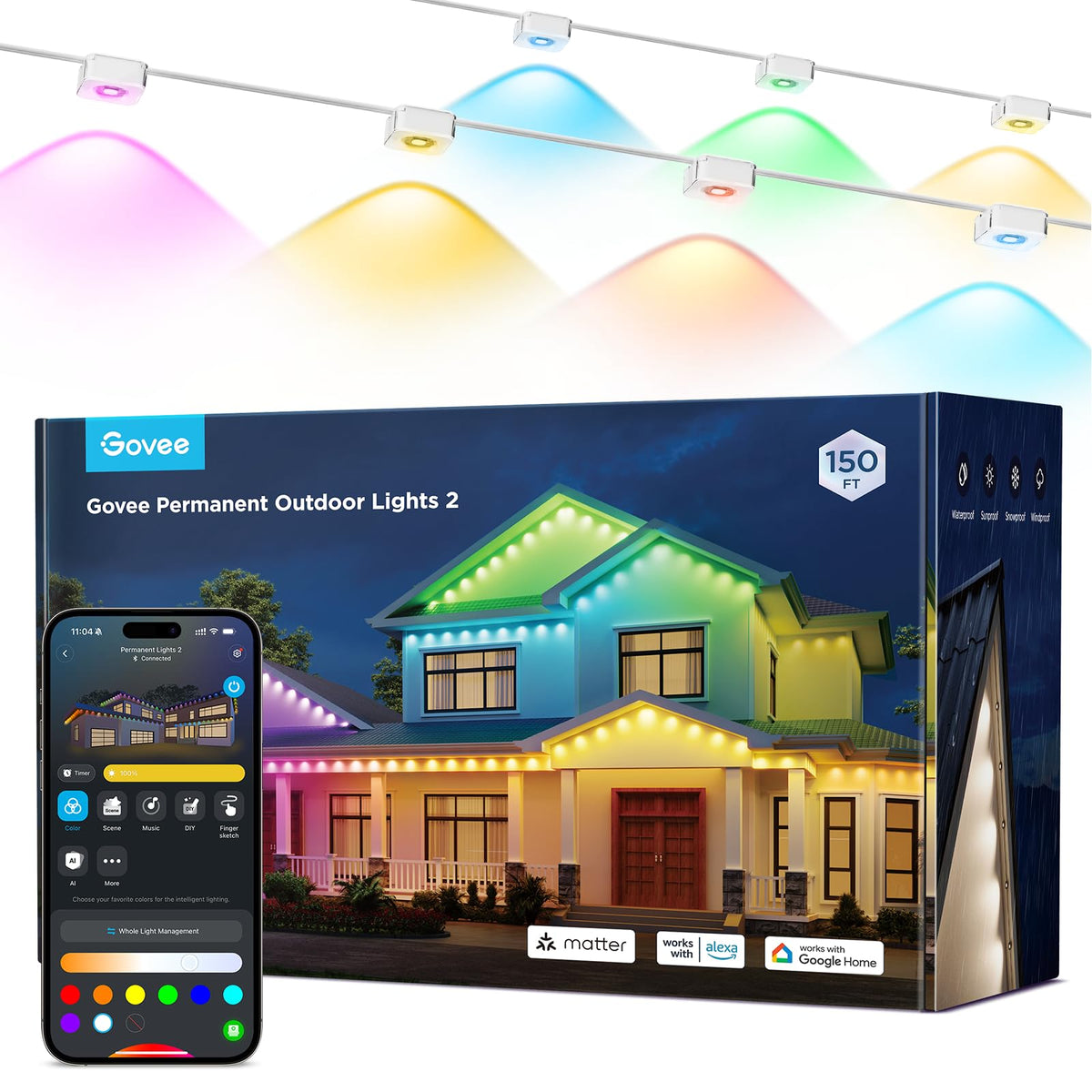 Govee Permanent Outdoor Lights 2, 150ft RGBIC Outdoor Lights with 108 LED Lights, IP67 Waterproof, 100 Scene Modes with 40lm White for Outdoor Decorations, Works with Alexa, Google Assistant, White