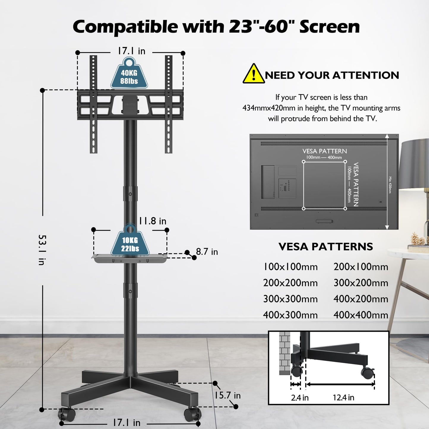 BONTEC Mobile TV Stand with Tilt Function, Rolling TV Stand for 23-60" LED, LCD, OLED TVs, Holds up to 88lbs, Max VESA 400x400mm, Adjustable Media Shelf (Black, 17.1x15.1x53.1 in)