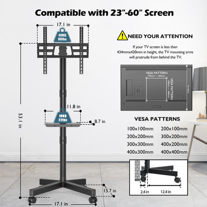 BONTEC Mobile TV Stand with Tilt Function, Rolling TV Stand for 23-60" LED, LCD, OLED TVs, Holds up to 88lbs, Max VESA 400x400mm, Adjustable Media Shelf (Black, 17.1x15.1x53.1 in)