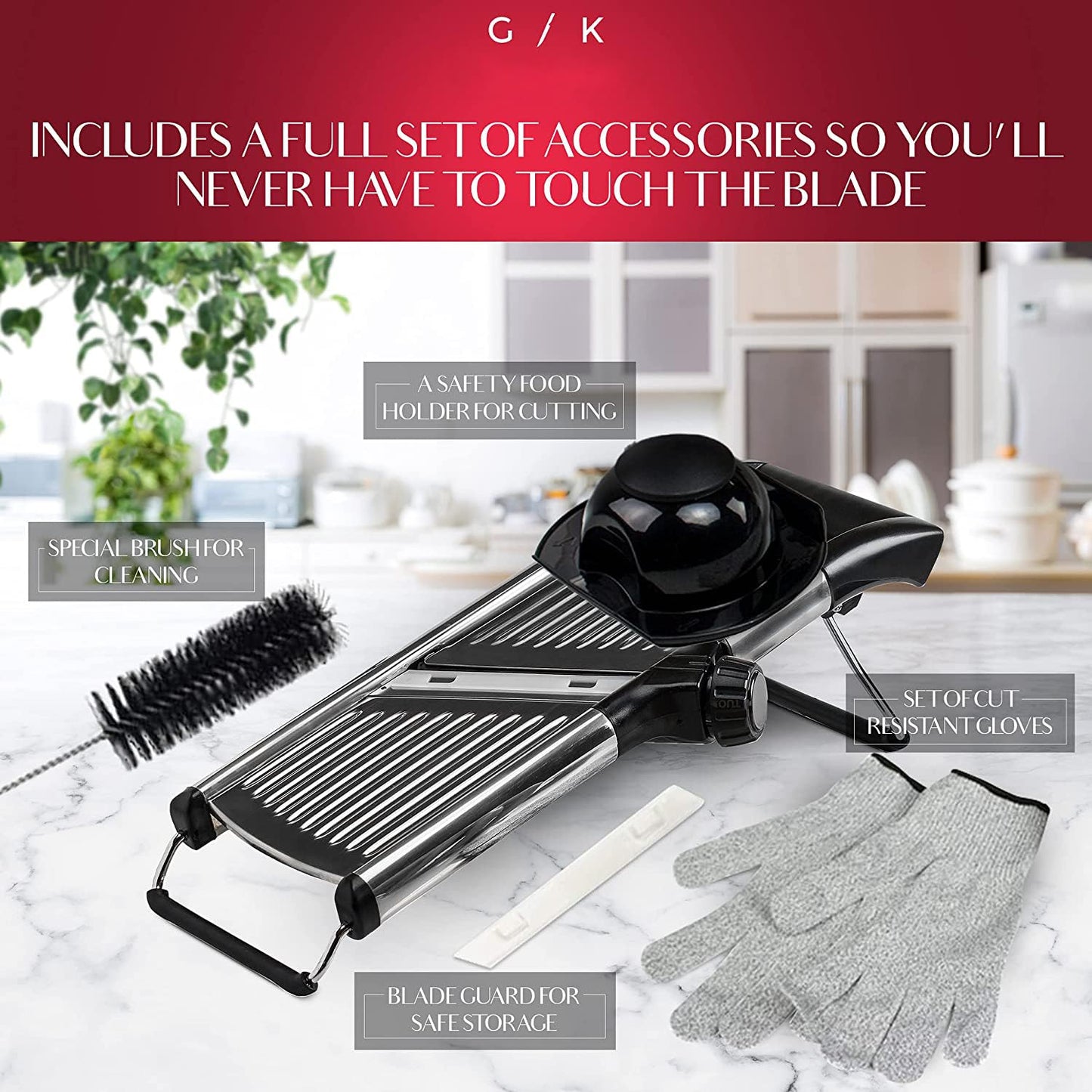 Gramercy Adjustable Mandoline Food Slicer, Mandoline Slicer for Kitchen, Mandolin, Potato, Tomato, Carrot, Vegetable, Fruit and Onion Cutter - Stainless Steel - INCLUDING 1 Pair Cut-Resistant Gloves