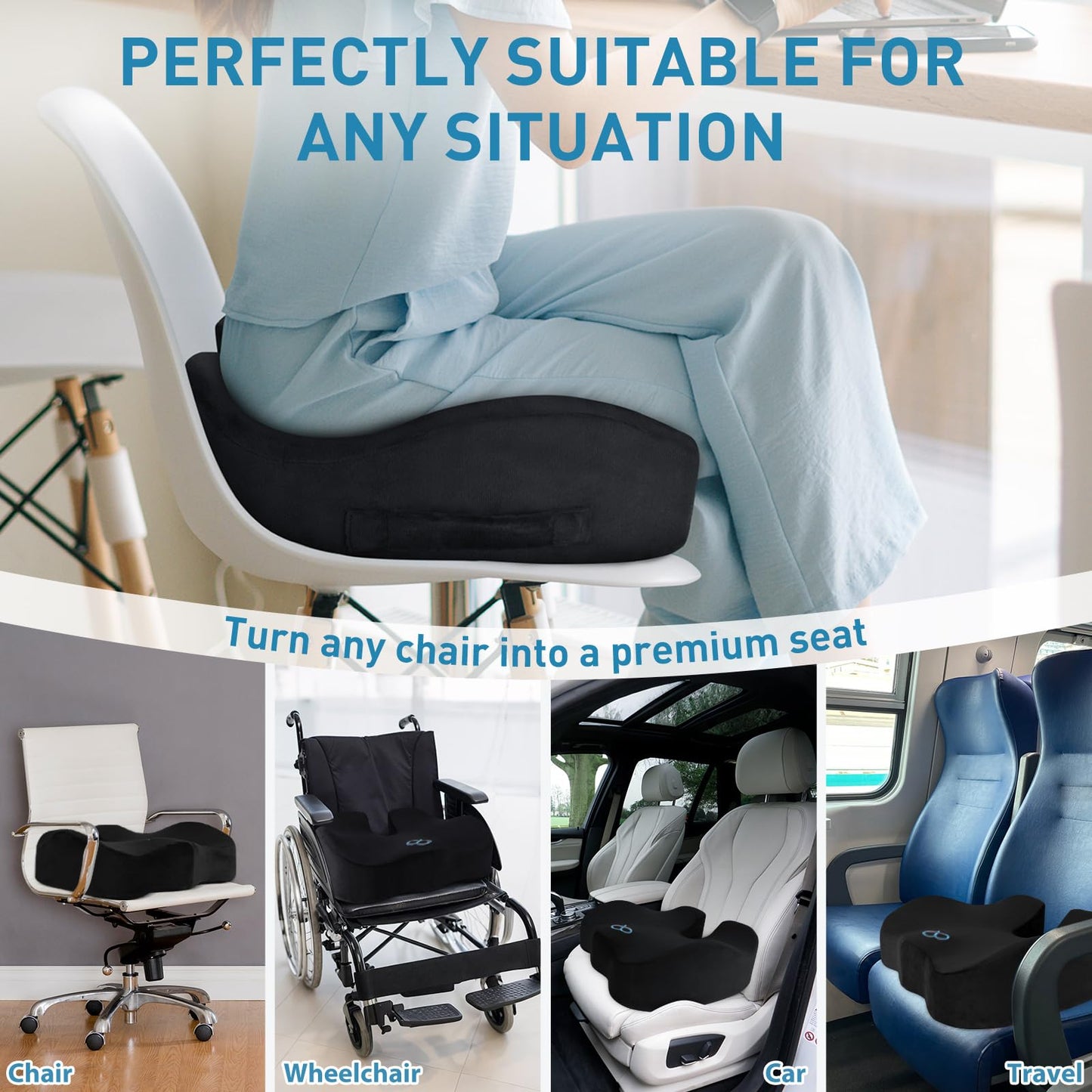 BlissTrends Seat Cushion,5.2in Thick Memory Foam Cushions for Office Chair, Car Seat, Airplane, Relieving Pressure Tailbone Sciatica Back Pain for Long Sitting Office Workers, Car Drivers Black