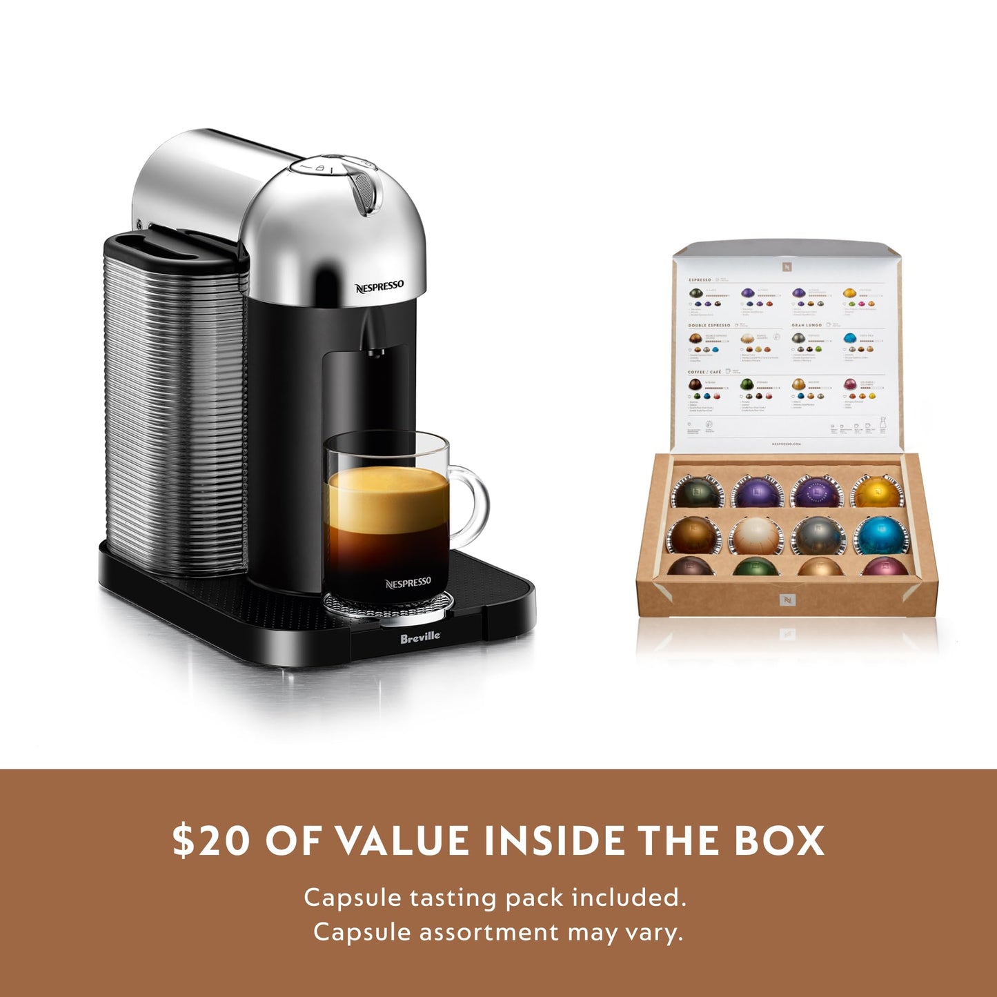 Nespresso Vertuo Coffee and Espresso Maker by Breville, Chrome with Aeroccino Milk Frother