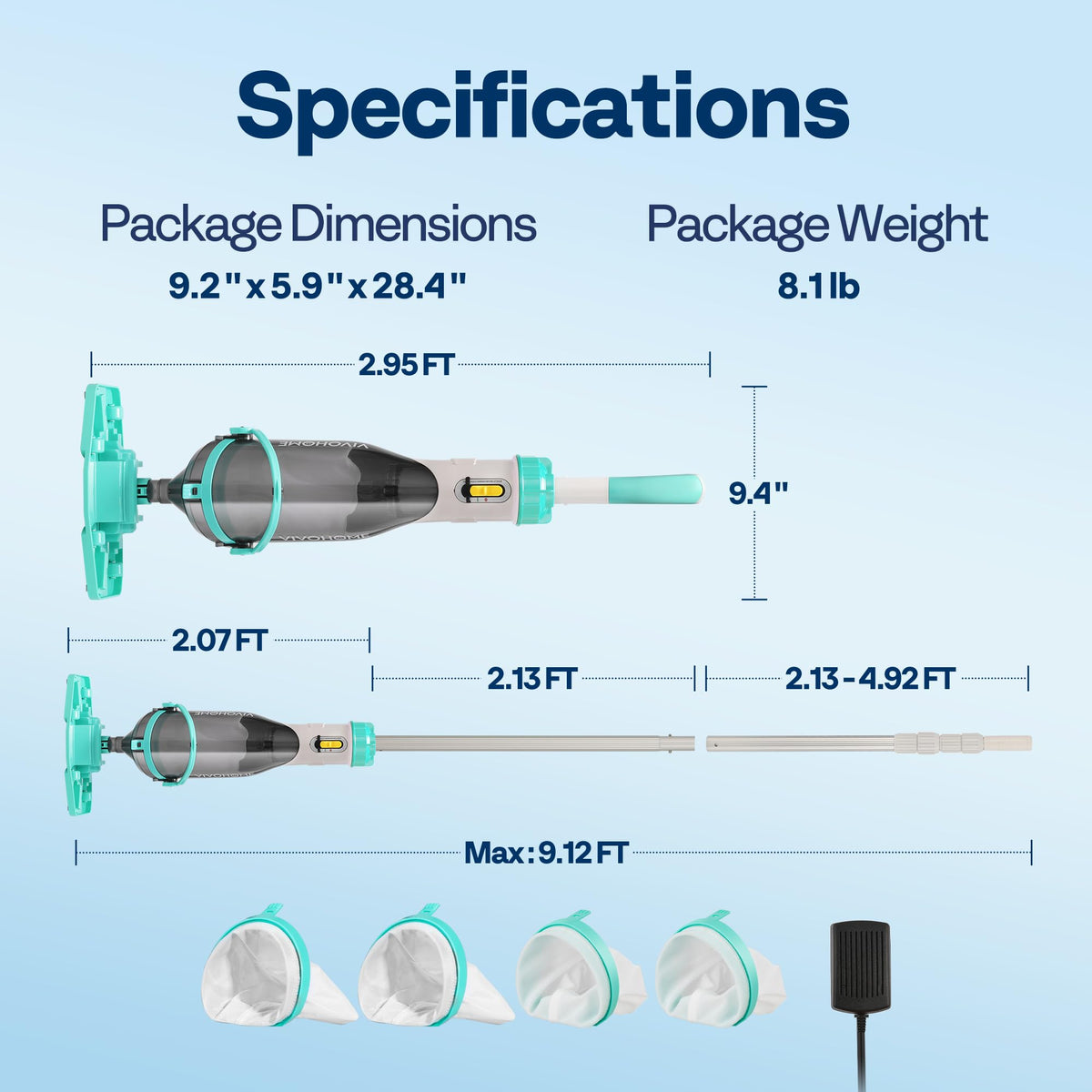 VIVOHOME Cordless Pool Vacuum with Telescopic & Extension Poles 9.12ft, 18.5 GPM Suction, 60-Min Run Time, Handheld Cleaner Rechargeable with Battery Indicator for Pools/Spas/Hot Tubs - Green