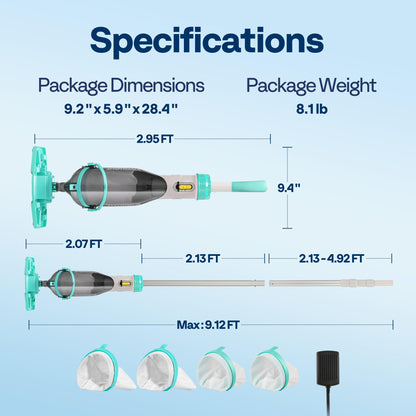 VIVOHOME Cordless Pool Vacuum with Telescopic & Extension Poles 9.12ft, 18.5 GPM Suction, 60-Min Run Time, Handheld Cleaner Rechargeable with Battery Indicator for Pools/Spas/Hot Tubs - Green
