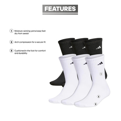 adidas Men's Athletic 6-Pack, Cushioned Crew Socks with Arch Compression for a Secure Fit, White/Black/White, Large