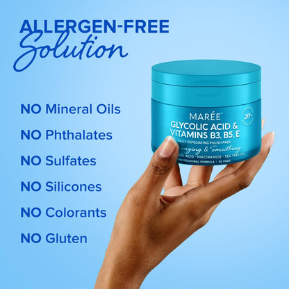 MAREE Glycolic Acid Pads - Toner Pads for Face Cleansing - Exfoliating Pad with Tea Tree Oil, Salicylic Acid & Vitamins E, B3, B5 - Acne Clearing, Skin Pore Resurfacing & Radiance Device - 50 Count