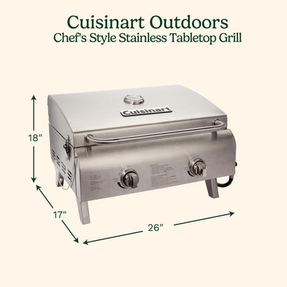 Cuisinart Chef's Style Tabletop Portable Propane Gas Grill, 20,000 BTU Stainless Steel 2-Burner Outdoor BBQ Grill for Camping, Tailgates, BBQ, Hassle-Free Setup