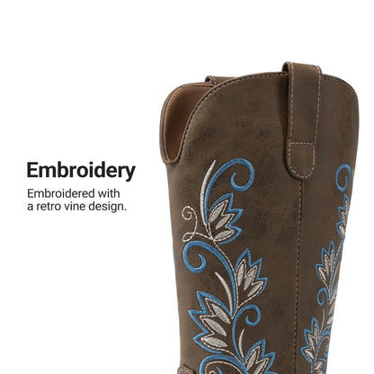 DREAM PAIRS Women's Cowboy Cowgirl Western Mid Calf Boots Square Toe Embroidered Stitched Pull On Country Boots with Low Chunky Heel,Size 9,Dark Brown,SDMB26002W