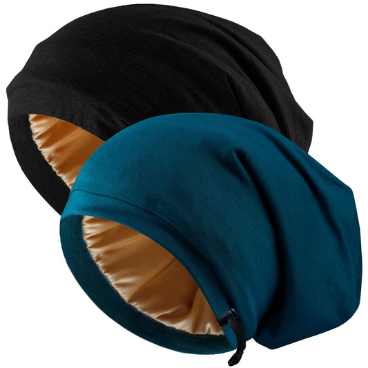 NICPOO 2 Pcs Adjustable Silk Satin Night Cap, Women's Men's Sleep Cap, Silk Lined Slouchy with Adjustable Strap, Curly Hair Head Scarf, Night Caps, Black+blue2
