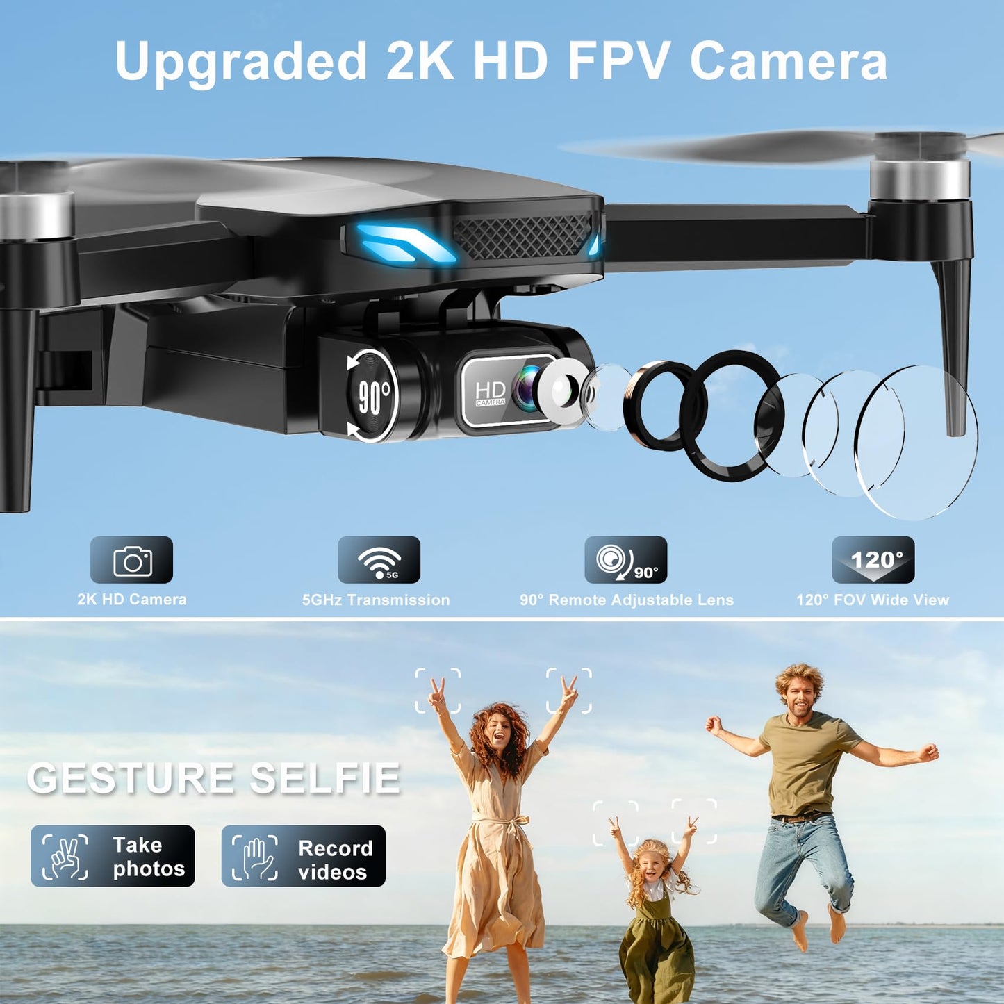 Drone with Camera, 2K HD FPV Drones for Adults, RC Quadcopter with Gravity Control, One Key Take Off/Land, Waypoint Fly, Gestures Selfie, 3 Speed Modes, Mini Drone for Beginners with 2 Batteries