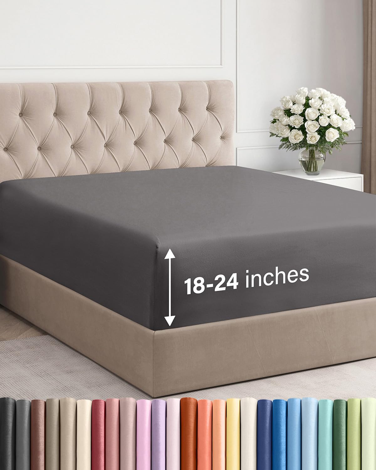 Extra Deep Queen Fitted Sheet - Hotel Luxury Single Fitted Sheet Only - Easily Fits 18 inch to 24 inch Mattress - Ultra Soft, Wrinkle & Fade Free w/Extra Deep Pockets - Breathable & Comfy - Dark Grey