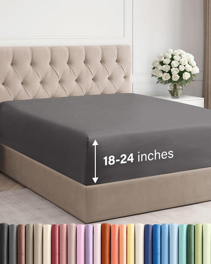 Extra Deep Queen Fitted Sheet - Hotel Luxury Single Fitted Sheet Only - Easily Fits 18 inch to 24 inch Mattress - Ultra Soft, Wrinkle & Fade Free w/Extra Deep Pockets - Breathable & Comfy - Dark Grey