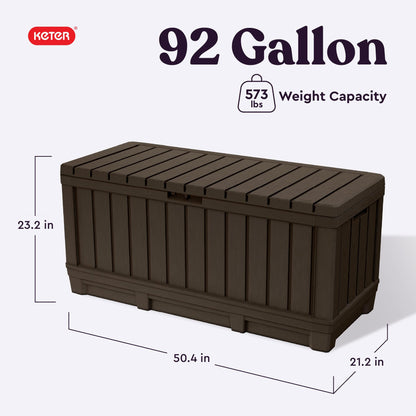 Keter Kentwood 92 Gallon Resin Deck Box-Organization and Storage for Patio Storage Box Outdoor Cushions, Throw Pillows, Garden Tools and Pool Floats, Brown