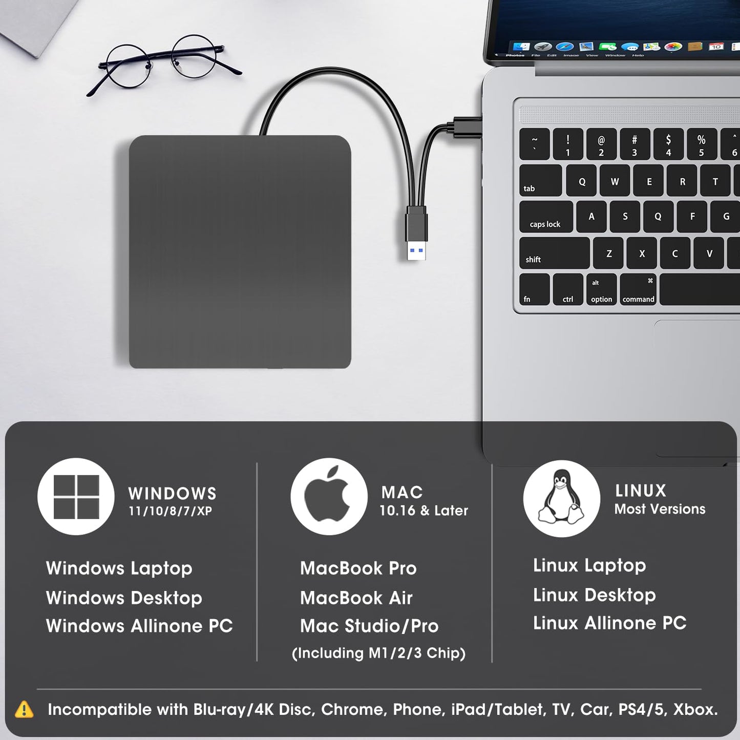 ROOFULL External CD DVD +/-RW Drive for Laptop Mac, USB 3.0 & USB-C CD DVD Disc Reader Writer Burner CD-ROM Portable DVD Player with Carrying Case for Windows 11/10 PC MacBook Pro Linux Computer