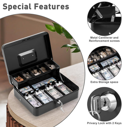 KYODOLED Locking Cash Box with Lock,Money Box with Cash Tray,Lock Safe Box with Key,Money Saving Organizer,11.81Lx 9.45Wx 3.54H Inches,Black XL Large