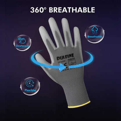 DULFINE Safety Work Gloves PU Coated-12 Pairs,Grey Seamless Knit Glove with Polyurethane Coated Smooth Grip on Palm & Fingers, for Men and Women, Ideal for General Duty Work (Large)