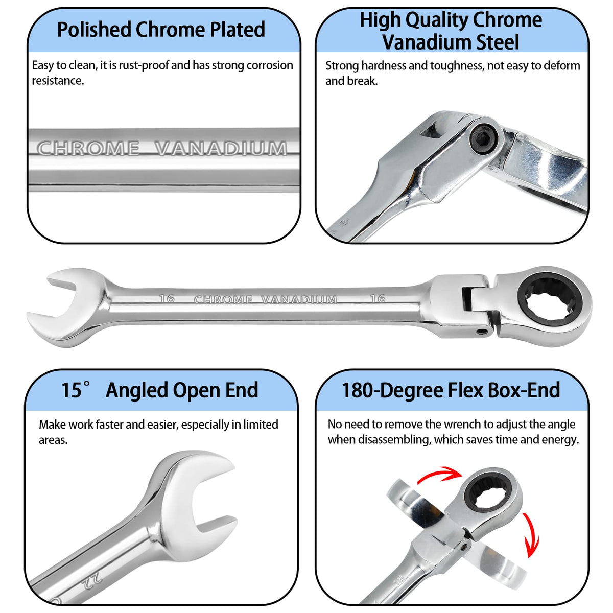 HARSKIYER 16mm Flex Head Ratchet Wrench, 12 Point Chrome Vanadium Steel Combination Spanner with 72 Tooth Ratcheting Gear, Metric Industrial Grade Tool for Automotive and Mechanical Maintenance