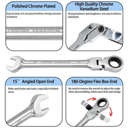 HARSKIYER 16mm Flex Head Ratchet Wrench, 12 Point Chrome Vanadium Steel Combination Spanner with 72 Tooth Ratcheting Gear, Metric Industrial Grade Tool for Automotive and Mechanical Maintenance